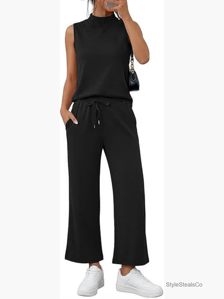 Sleeveless Mock Neck 2 Piece Lounge Set Wide Leg Crop Pants Travel Outfit
